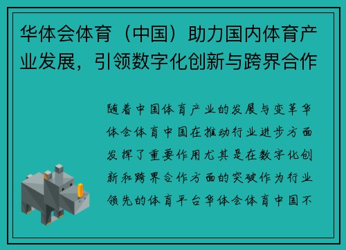 华体会体育（中国）助力国内体育产业发展，引领数字化创新与跨界合作新潮流